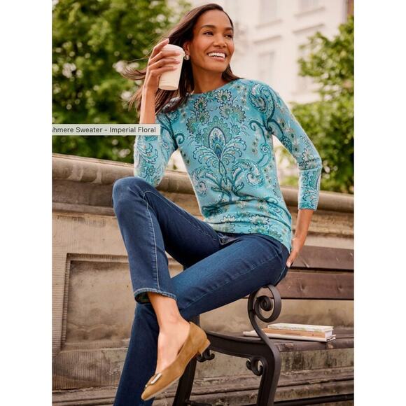 Talbots Audrey Cashmere Sweater Womens SP Blue Imperial Floral Paisley Crew Neck - Picture 3 of 6
